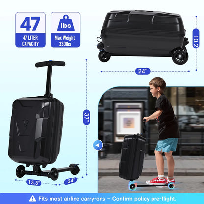 Advwin Ride-On Scooter Suitcase with LED Light-up Wheels, Hardshell Lightweight Foldable Rideable Luggage for Kids & Adults, Silver