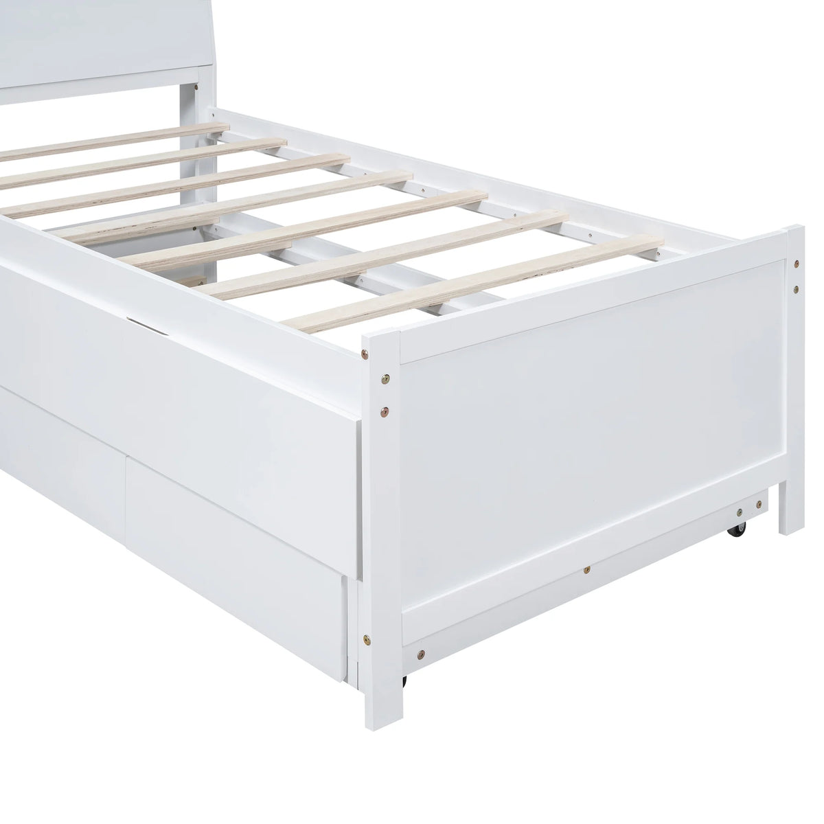 Euroco Wood Twin Size Platform Bed with Storage Headboard, Drawers Trundle and LED Light, White