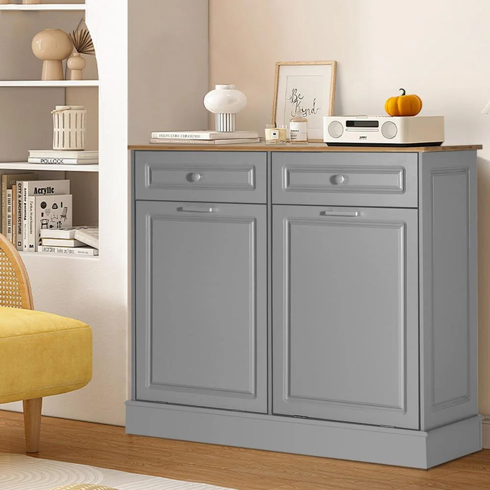 Eclife 20 Gallons Double Tilt Out Trash Cabinet Wood Tabletop, Upgrade Gray, WB010GY