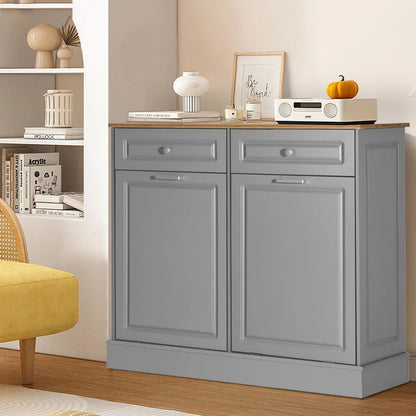 Eclife 20 Gallons Double Tilt Out Trash Cabinet Wood Tabletop, Upgrade Gray, WB010GY