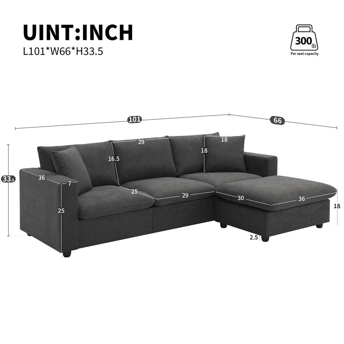 Harper & Bright Designs Modern Sectional Sofa 3 Seat Couch with Ottoman, Upholstered L Shaped Cloud Couch for Small Space Apartment Office, White
