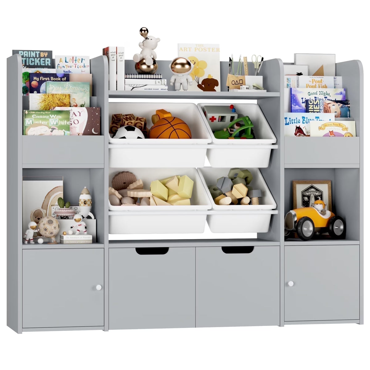Hiphuta Kids Bookcase Toy Storage Organizer, Wooden Toy Organizer of 4 Bins& 2 Removable Drawers for Home Bedroom, Kids Bookshelf Toy Box with Book Rack, White