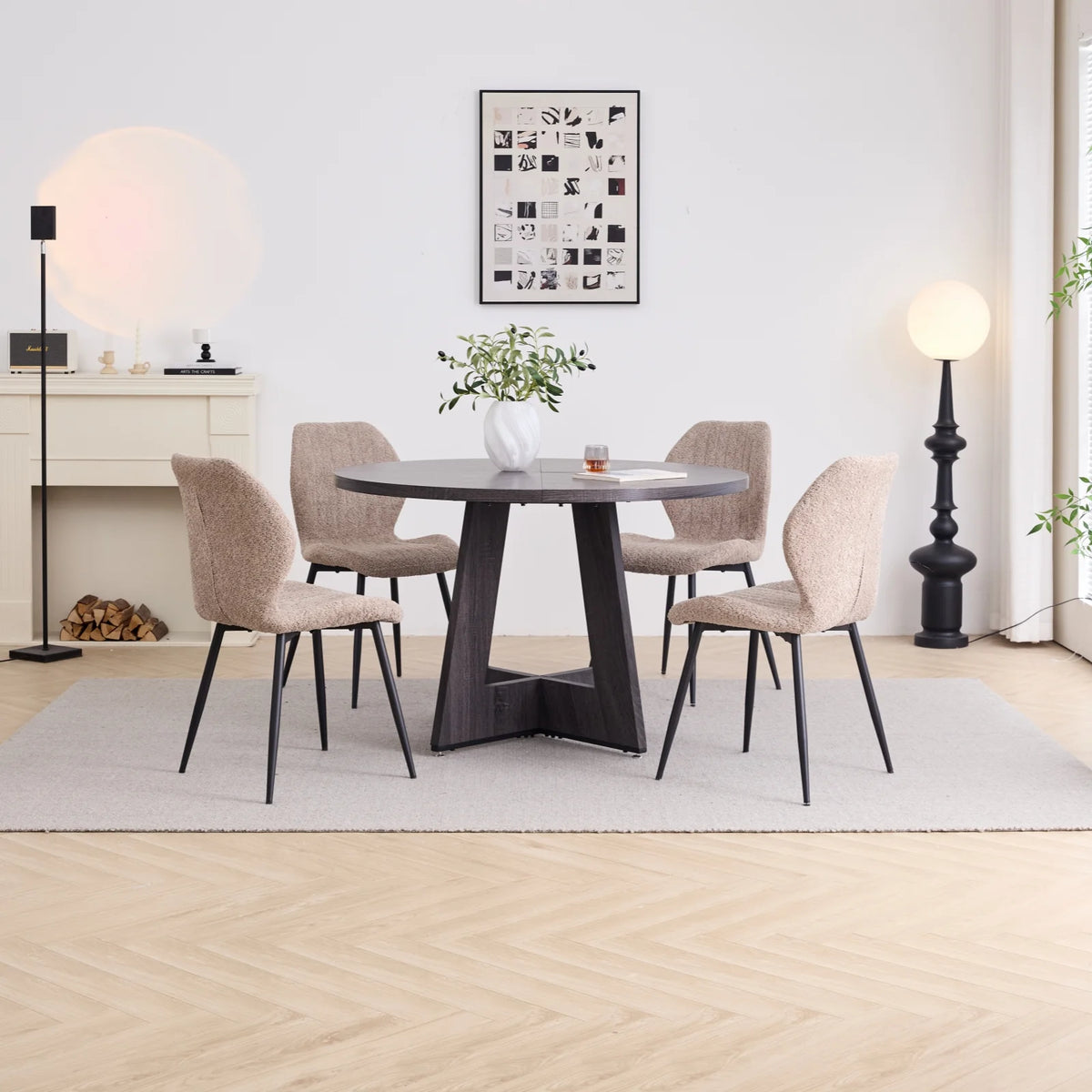 5 Piece 47'' Round Dining Table Chairs Set for 4, Farmhouse Gray Kitchen Table with 4 Boucle Mid Century Modern Dinning Room Chairs, Wood Dinner Table &Upholstered Chair Set of 4, Beige