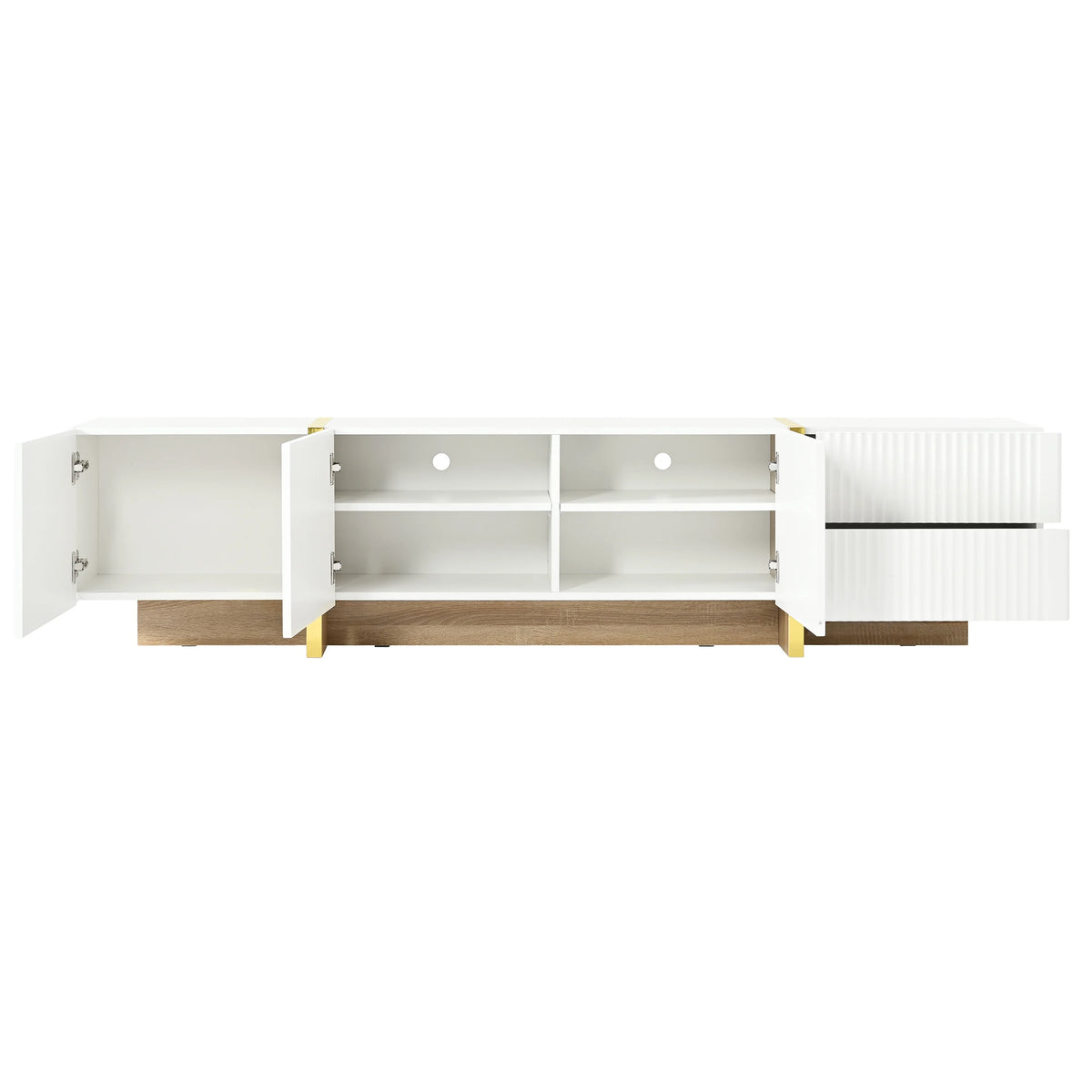 Luxury Fluted TV Stand for TVs Up to 80'', Modern Entertainment Center with Storage Cabinets & Drawers, Smooth Media Console with lden Wood Grain Legs for Living Room, White