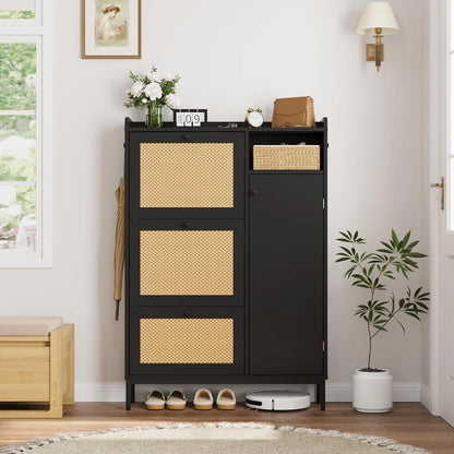 Garvee Rattan Shoe Storage Cabinet with Doors and 3 Flip Drawers, Freestanding Organizer with Adjustable Shelves for Entryway, Narrow Shoe Rack Cabinet for Hallway, Easy Assembly, Oak Color