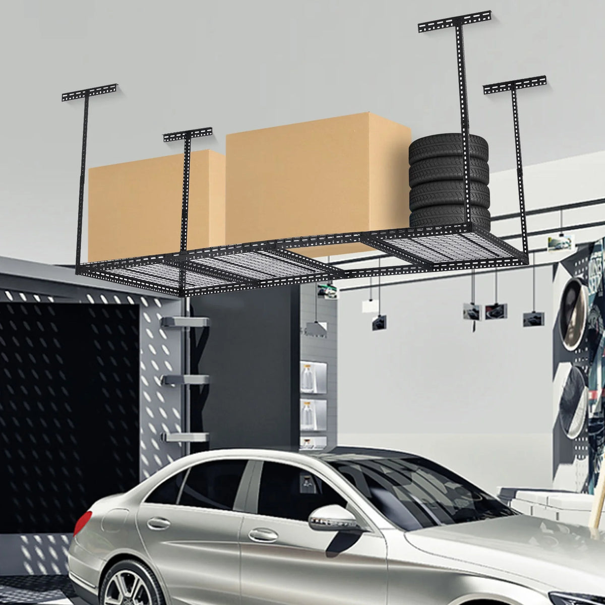 Overhead Garage Storage Rack - Heavy Duty 300kg Capacity, Adjustable 56-100cm Height, 180x120cm Black Steel Shelving with Hooks for Garage Organization