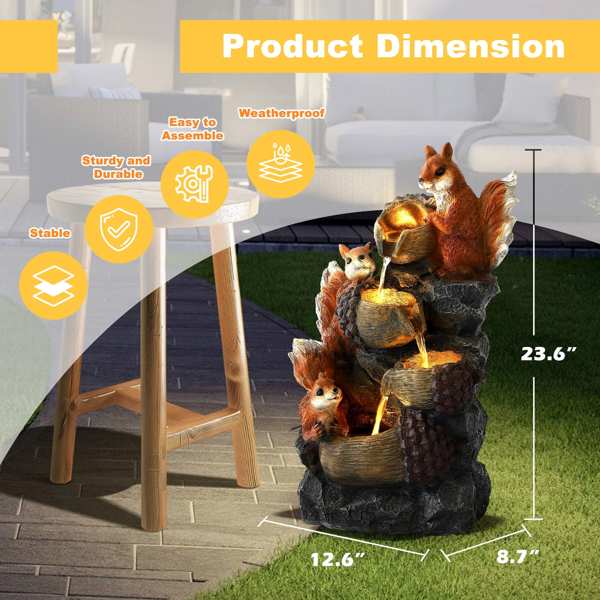 Magic Union Outdoor Water Fountain, Waterfall Indoor Outside Cascading Rock Fountain Garden Decor with Squirrels Decorations, 3 Pinecone-Shaped Rocks Patio Resin Fountains for Yard, Porch and Home