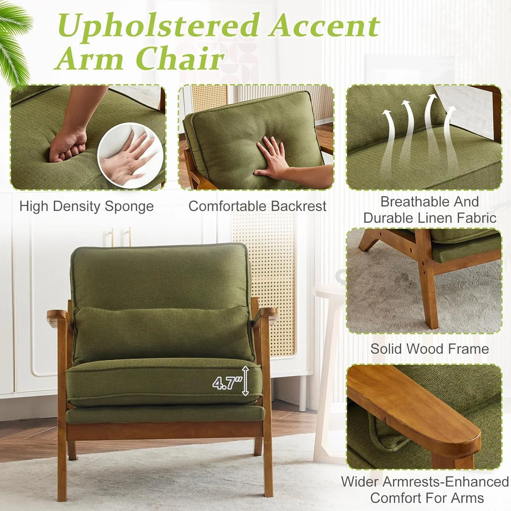 RWTFGV Solid Wood Wide Armrests Accent Chair,Upholstered Mid Century Modern Chair with Pillow,Comfy Reading Chair Farmhouse Arm Chair,Chairs Living Room,Bedroom,Guest Room,Linen Fabric,Beige
