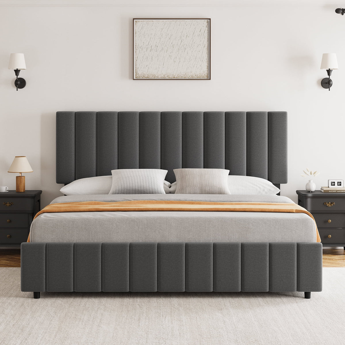 Full Size Bed Frame with 4 Storage Drawers and Adjustable Headboard, Linen Upholstered Platform Bed Frame with Wooden Slats Support, No Box Spring Needed, Dark Grey