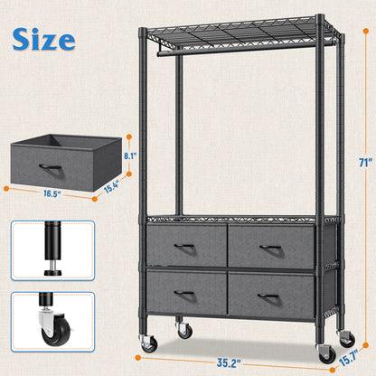 71" H Clothes Rack with Fabric Drawers, Freestanding Garment Rack with Metal Wire Shelf, Pink