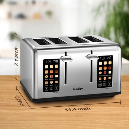 Mecity 4-Slice Touchscreen Toaster, Stainless Steel, 6 Browning Settings, Reheat, Cancel, Defrost, Removable Tray