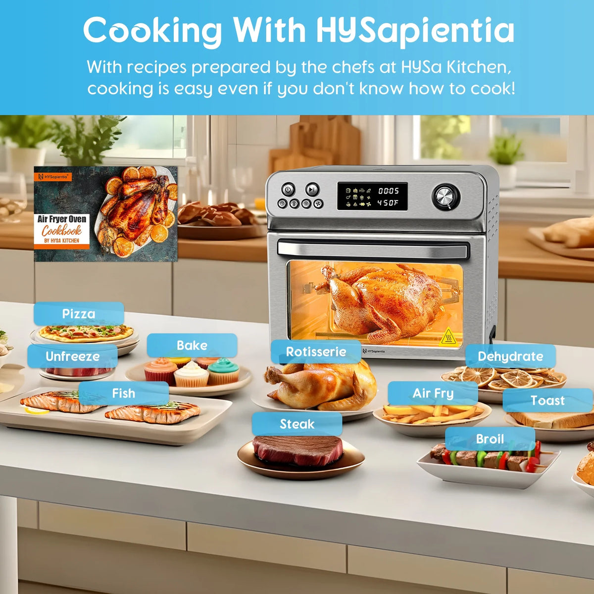 HYSapientia 26QT Air Fryer Oven With Rotisserie 1800W Toaster Oven Air Fryer Combo, 10 in 1 Convection Oven Countertop, Airfryer Toaster Oven, Mini Toaster Oven,Stainless Steel Outer