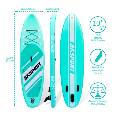 AKSPORT 10'6" Inflatable All Around Stand up Paddle Board Kit, Mint Green