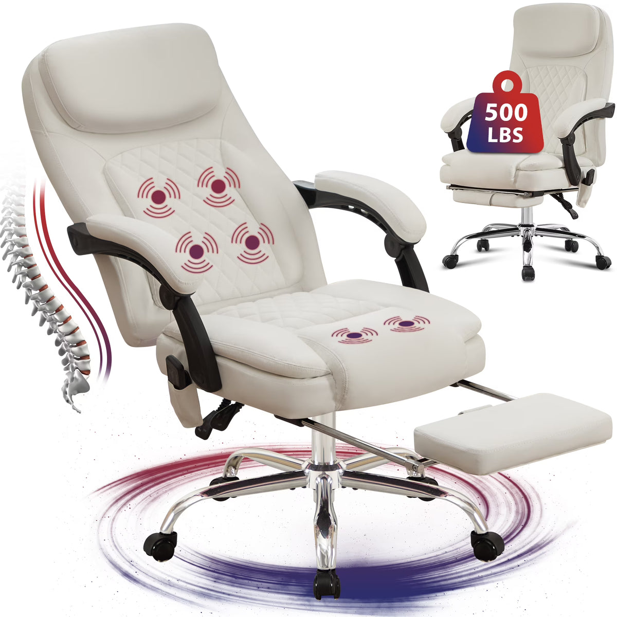 JONPONY Big and Tall Office Chair 500LBS Executive Office Chair Massage and Footrest Ergonomic Computer Desk Chair Reclining High Back Leather Office Chair Lumbar Back Support Swivel Rolling,Black