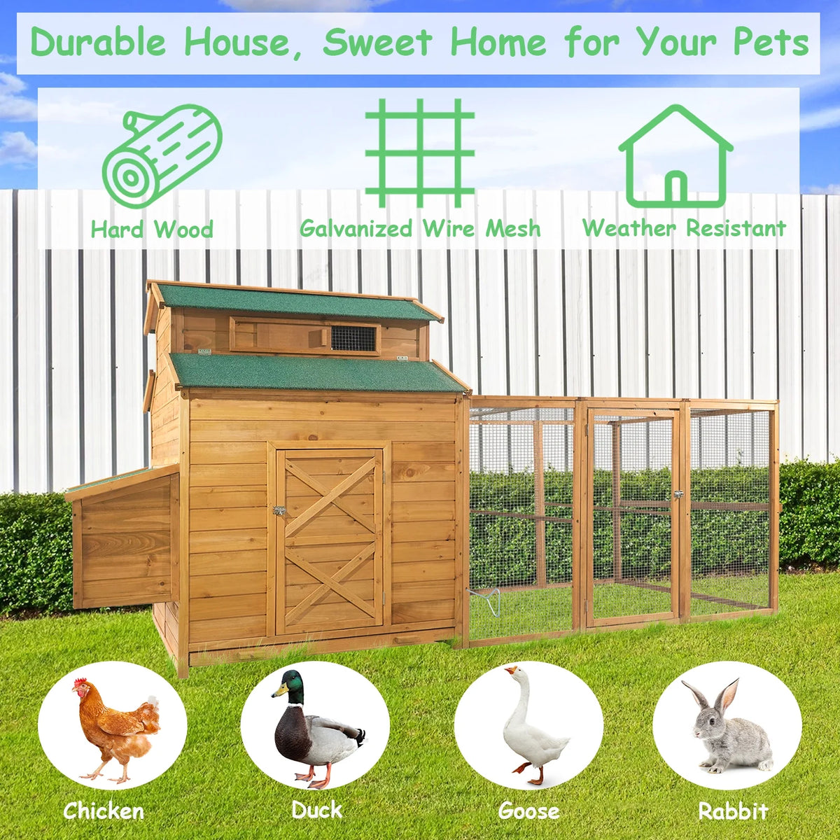 Chicken Coop for 6-10 Chickens, 112" Extal Large Chicken Coops, with Chicken Run & Nesting Box & Secure Enclosure, Outdoor Wooden Hen House Hutch for Rabbit, Poultry Pet, Duck
