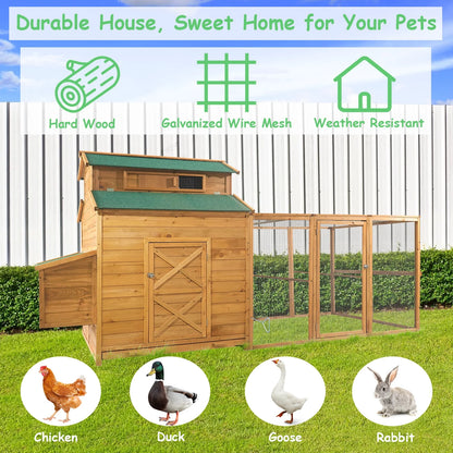 Chicken Coop for 6-10 Chickens, 112" Extal Large Chicken Coops, with Chicken Run & Nesting Box & Secure Enclosure, Outdoor Wooden Hen House Hutch for Rabbit, Poultry Pet, Duck