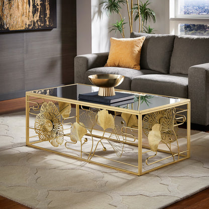 Weston Home Ditmas Glam Peony and Ginkgo Rectangular Coffee Table with Mirror Top, Gold