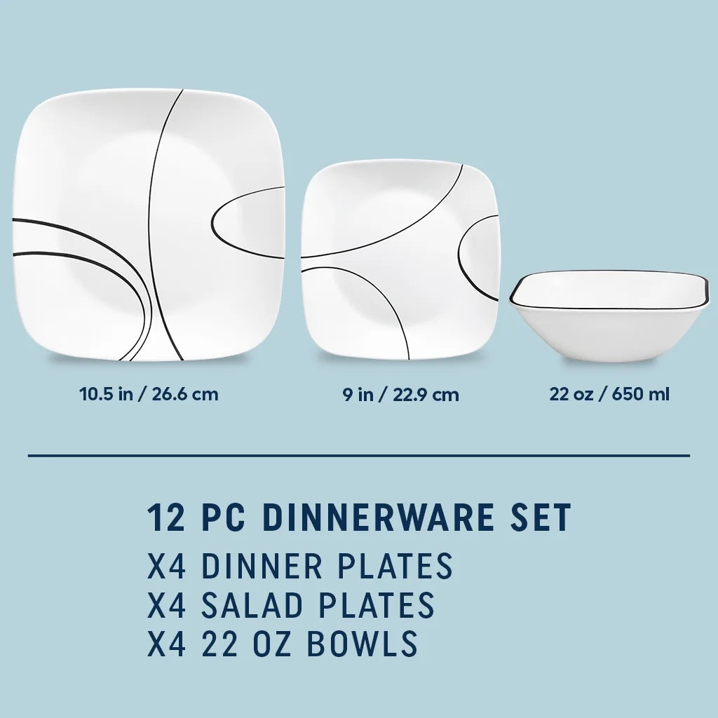 Corelle Simple Lines 12-Piece Square Glass Dinnerware Set (Service for 4)