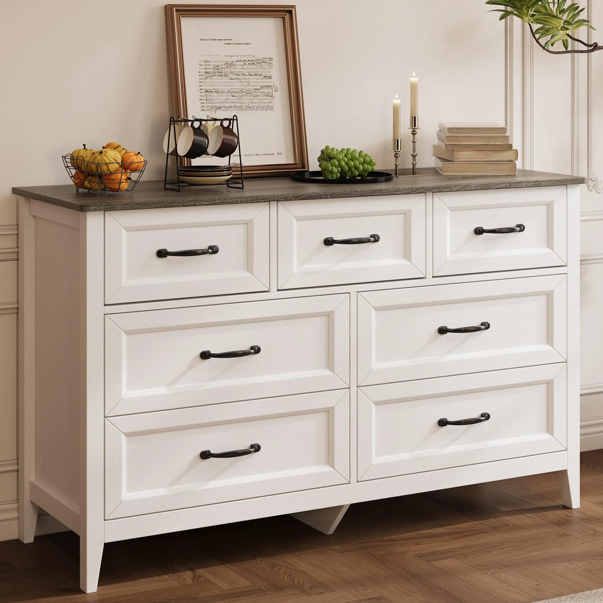 Lofka 47.2" Dresser for Bedroom with 6 Double Drawers, Farmhouse Wood Storage Cabinet with Smooth Metal Handle