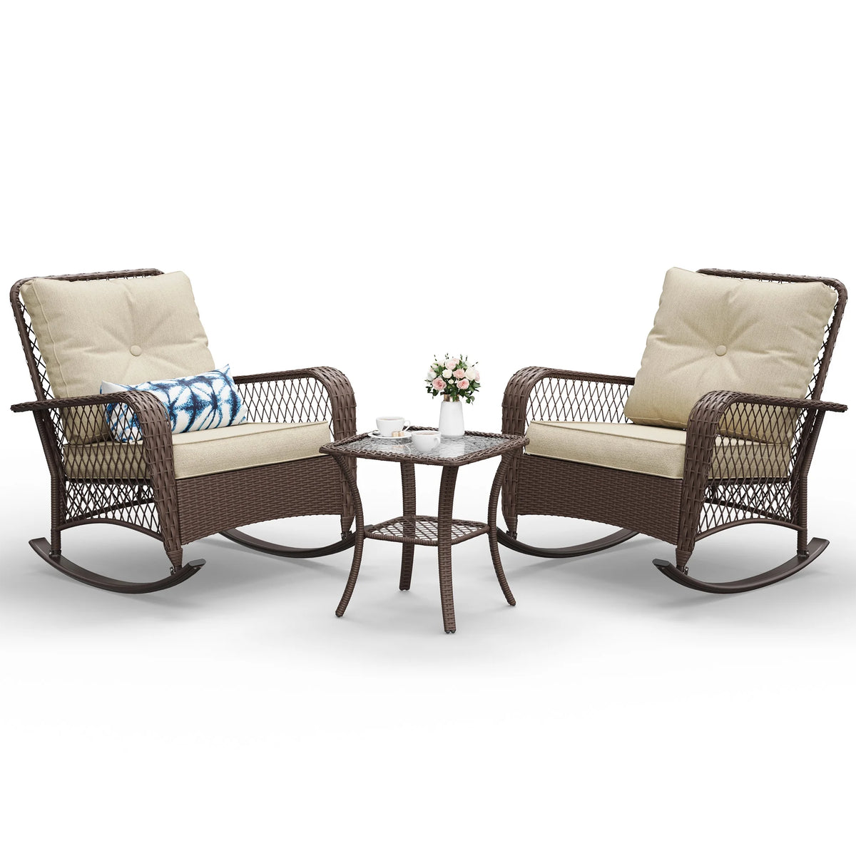 ELPOSUN 3-Piece Outdoor Rocking Chairs, Wicker Patio Furniture with Thickened Cushions and Table for Porch