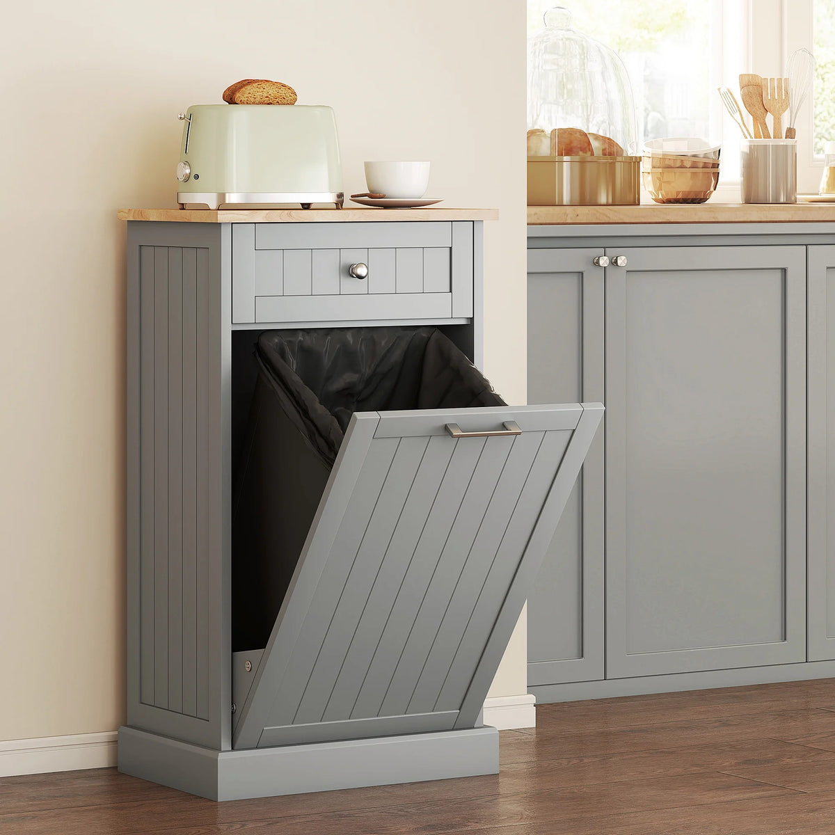 HOMCOM Kitchen Tilt Out Trash Bin Cabinet, Free Standing Recycling Cabinet