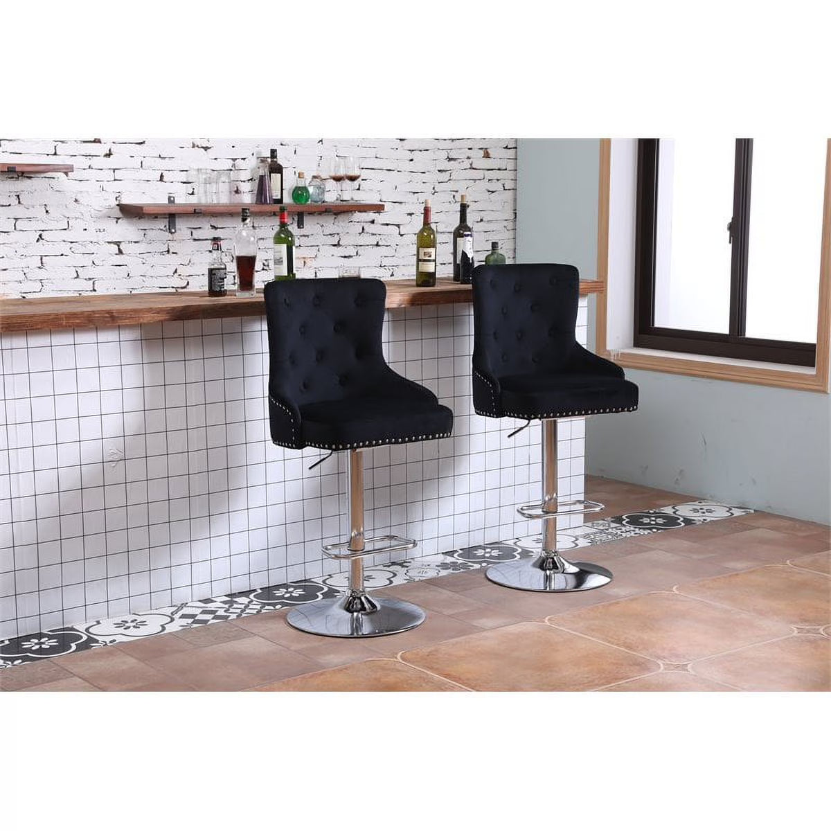 Alexent  2PCS Swivel Bar Stools, High Back, Button Tufted, Silver Footrest and Nailhead Trim Swivel Bar Chairs for Kitchen, Bar Velvet Upholstered Bar Stools, Dark Blue