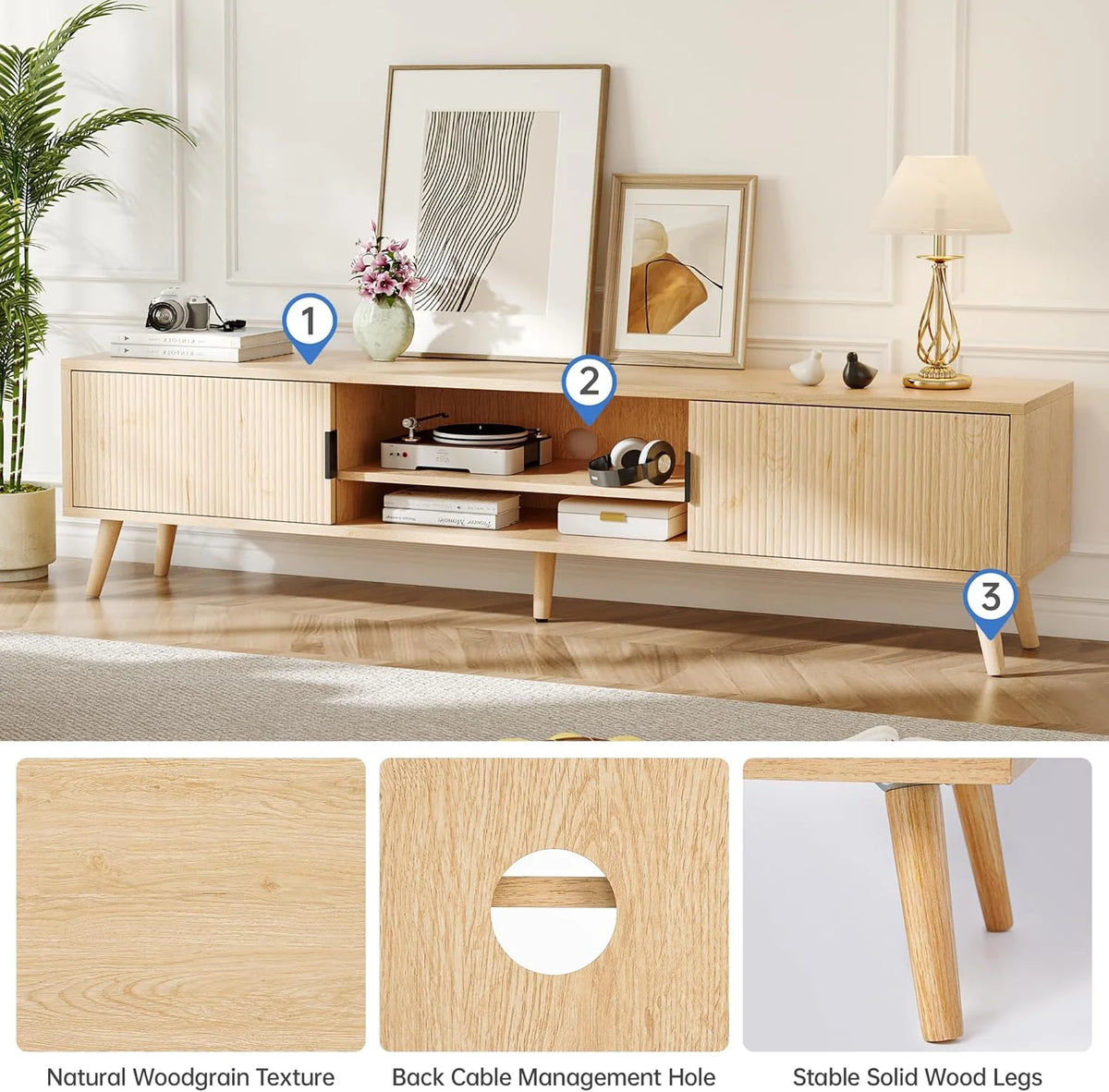 Selooye Mid Century TV Stand, Modern TV Console for TVs up to 70 Inches, Entertainment Center with Storage, TV and Media Consol, 62 Inch (Natural)