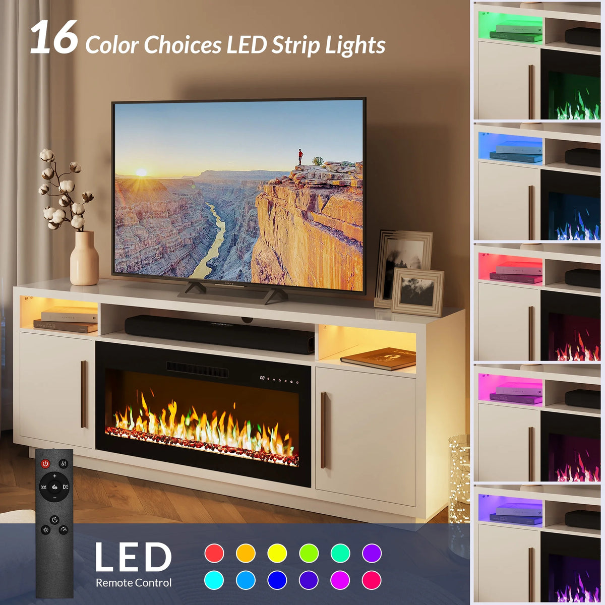 BELLEZE Fireplace TV Stand for TVs Up To 75", Entertainment Center with 36" Electric Fireplace, LED Ambient Lighting, and Storage, Media Console Table 69 Inch - Avenue (Black)