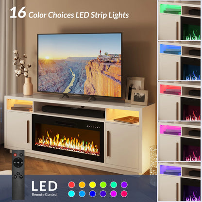 BELLEZE Fireplace TV Stand for TVs Up To 75", Entertainment Center with 36" Electric Fireplace, LED Ambient Lighting, and Storage, Media Console Table 69 Inch - Avenue (Black)