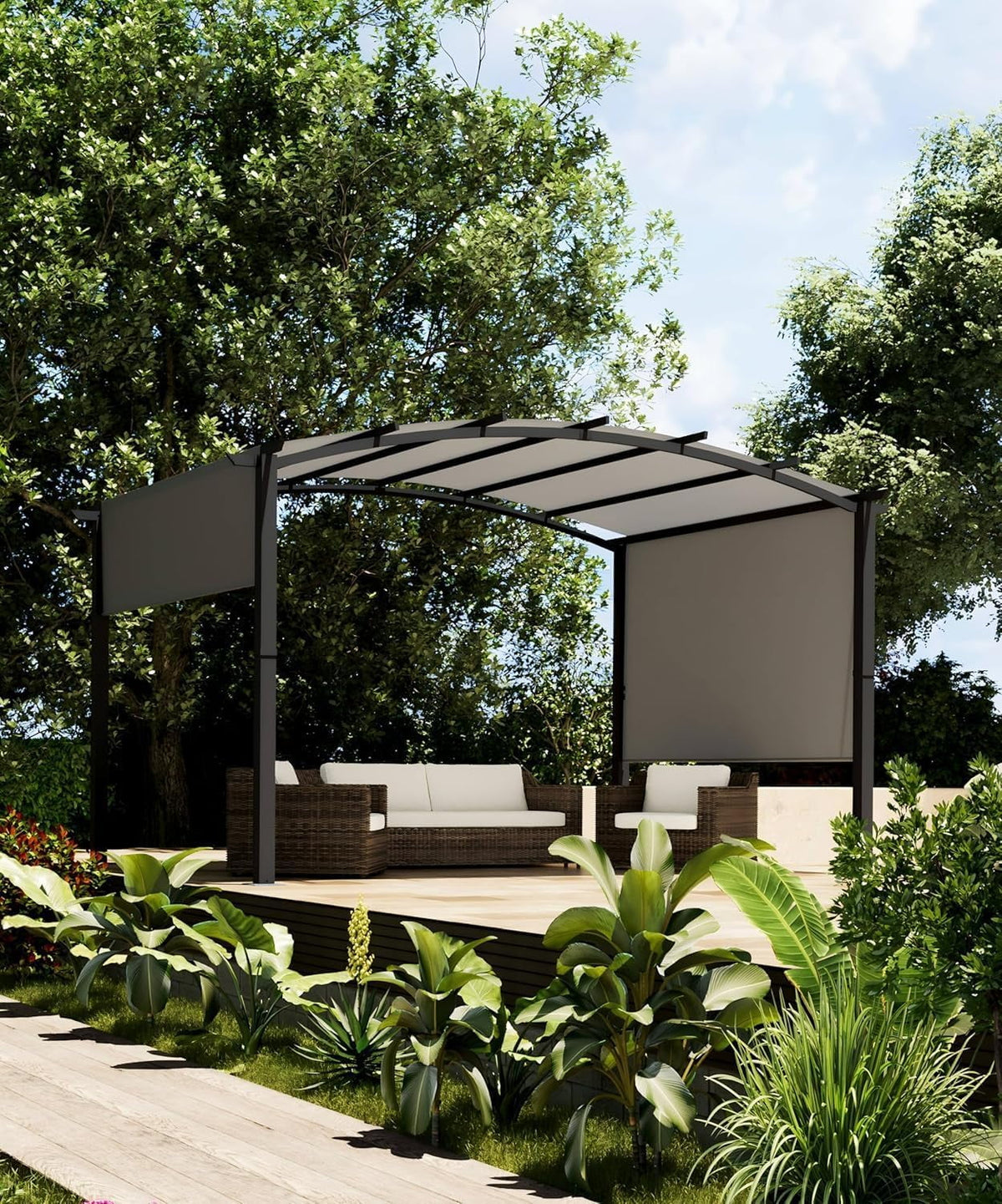 Outdoor Pergola Steel Arched Pergola with Adjustable Canopy for Patio, Backyard and Garden