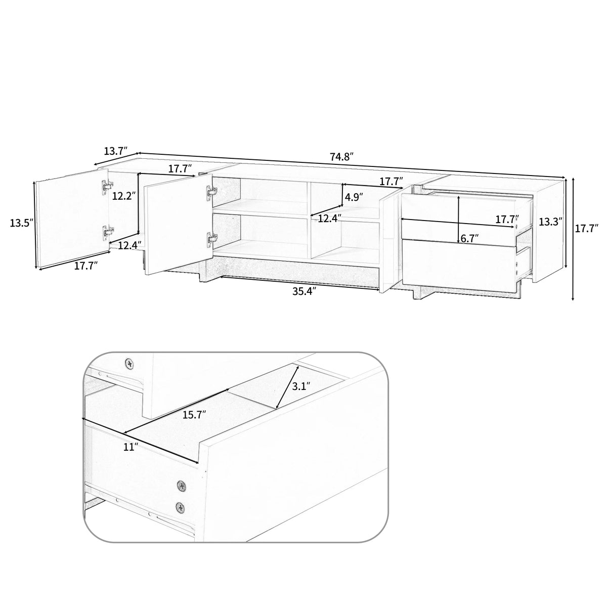 EUROCO Mid-Century Modern TV Stand Up to 80" Contemporary Rectangle ,Unique Style TV Console Table with Cabinet&High Gloss UV Surface for Living Room Bedroom