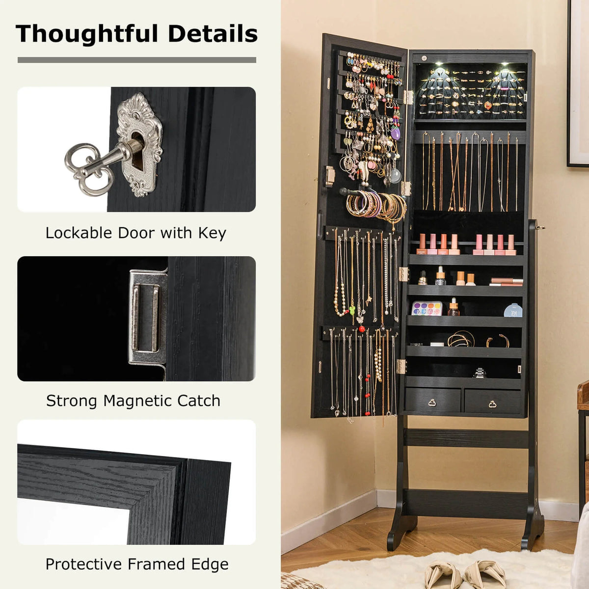 Costway Contemporary MDF Jewelry Cabinet with LED Lights in Brown