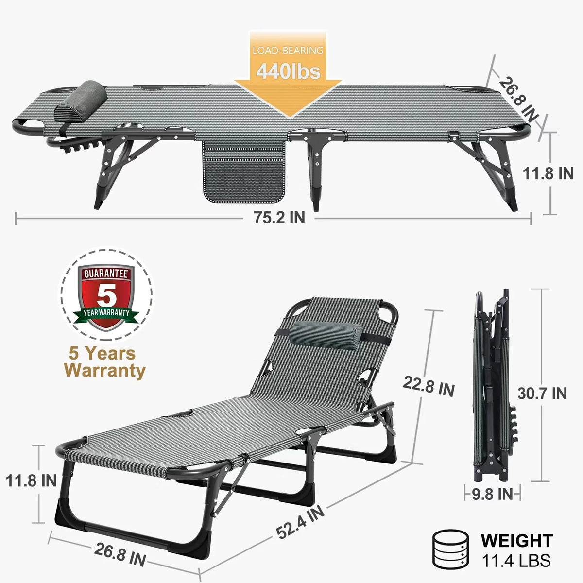 MOPHOTO Lounge Chair with Mattress, Outdoor Chaise Lounge Support 440 Lbs, Adjustable Portable Heavy Duty Sleeping Cots Bed for Camping, Pool, Beach, Patio