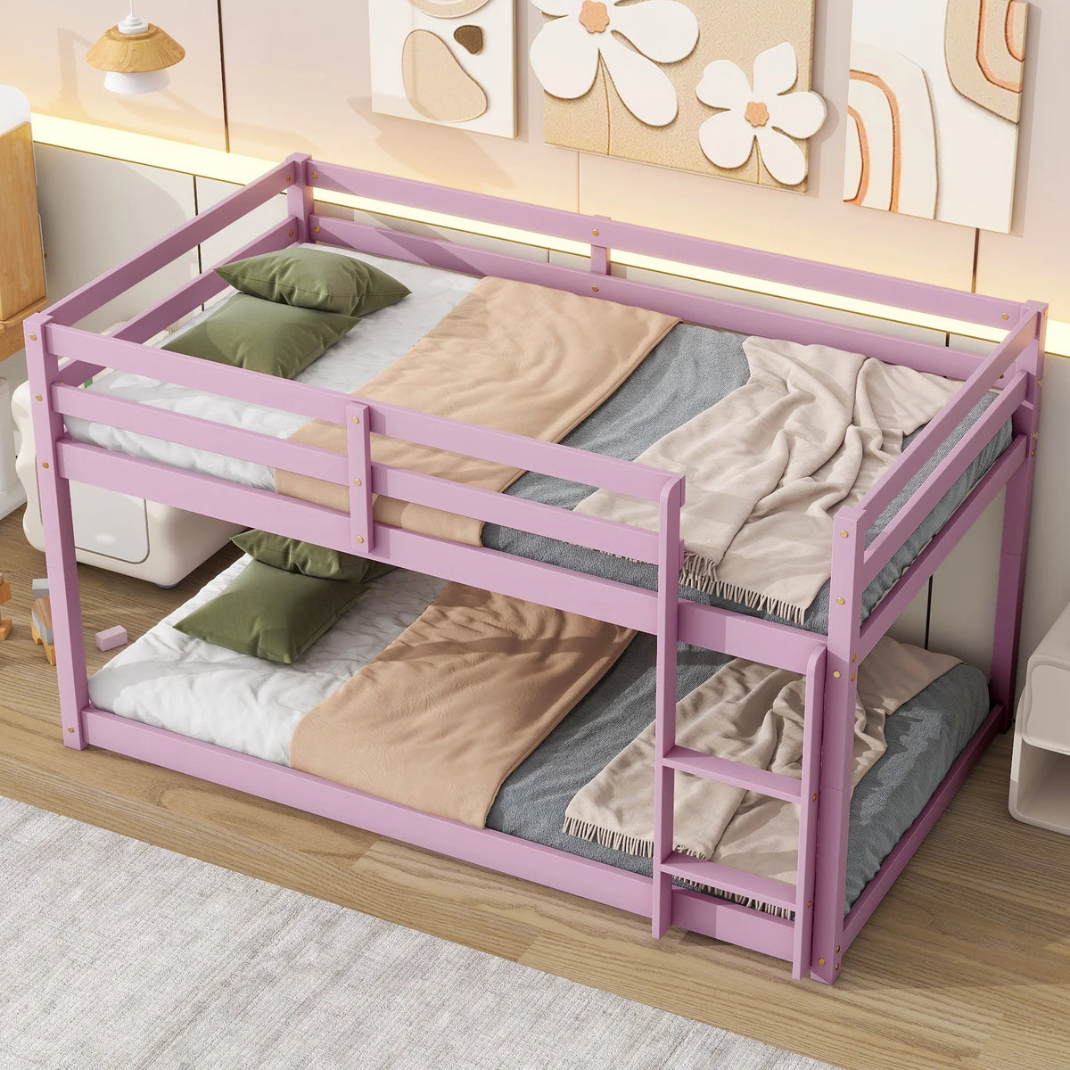 Twin Over Twin Floor Bunk Bed, UHOMEPRO Solid Wood Low Bunk Bed with Safety Rail, Ladder, Heavy Duty Bunk Beds, Space-Saving Bedroom Dorm Furniture, Gray
