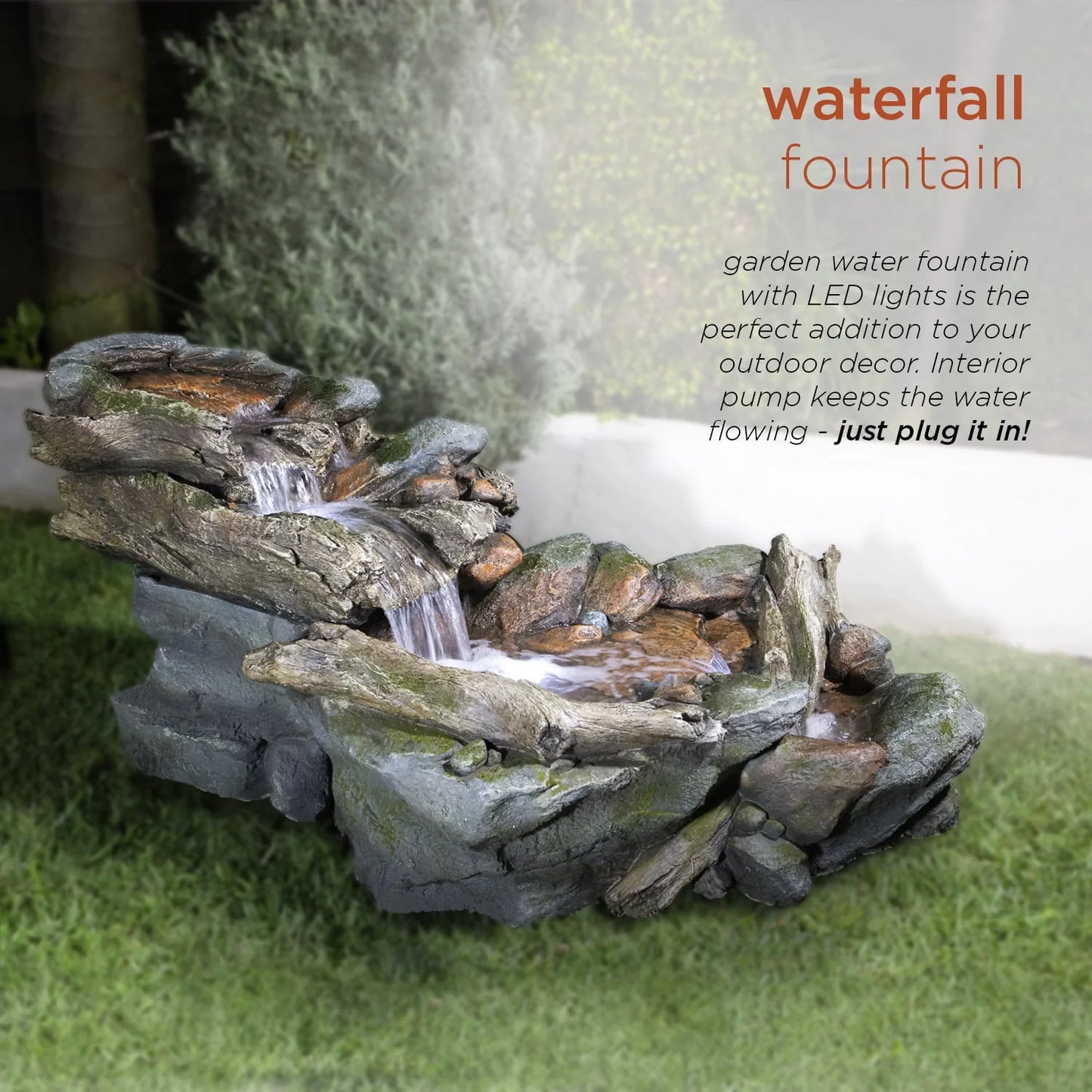 Alpine Corporation Outdoor 3-Tier Rainforest Rock Water Fountain with LED Lights