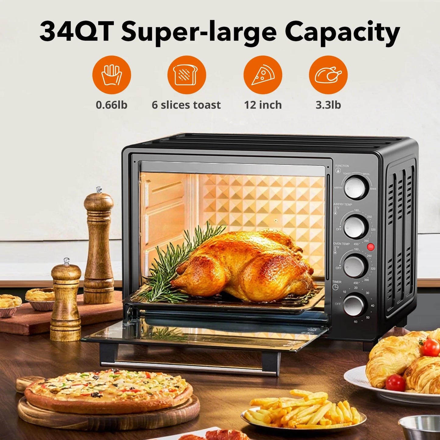 34 QT Super-Large  Air Fryer, Oil-Less Air Fryer Toaster Oven Combo with Pizza, Warm, Broil, Toast, Bake, Air Fry, 5  Functions - Black