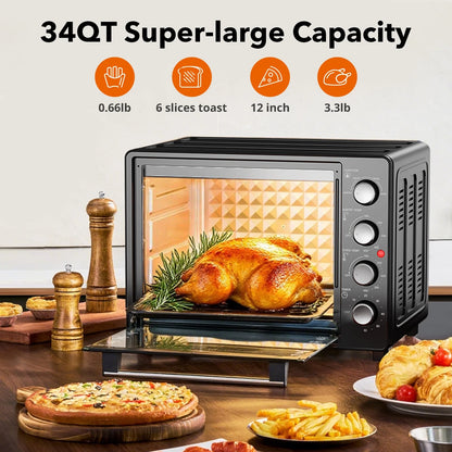 34 QT Super-Large  Air Fryer, Oil-Less Air Fryer Toaster Oven Combo with Pizza, Warm, Broil, Toast, Bake, Air Fry, 5  Functions - Black