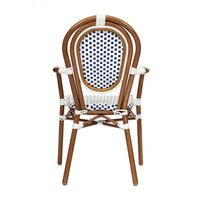 Merrick Lane Stacking Thonet French Bistro Style Chair with Arms, Black & White PE Rattan Seat, and Bamboo Finished Metal Frame for Indoor/Outdoor Use