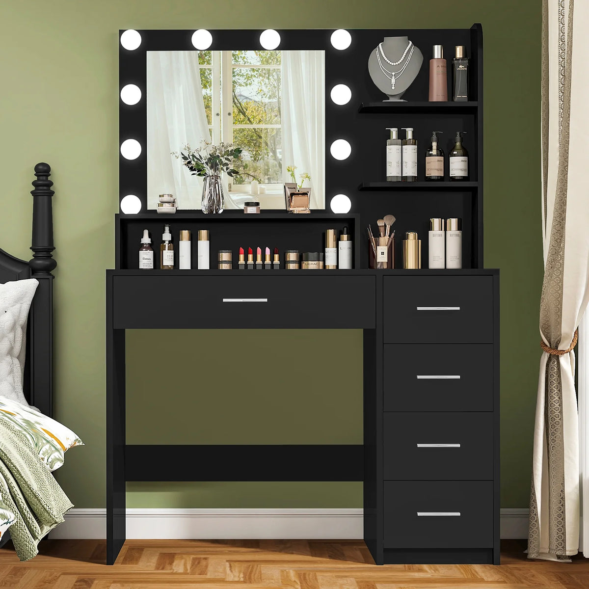 Makeup Vanity Desk with Mirror & Lights, Vanity Table with 5 Drawers & Storage Shelves, Makeup Vanity , 3 Color Modes & Adjustable Brightness Dressing Table, Bedroom, White