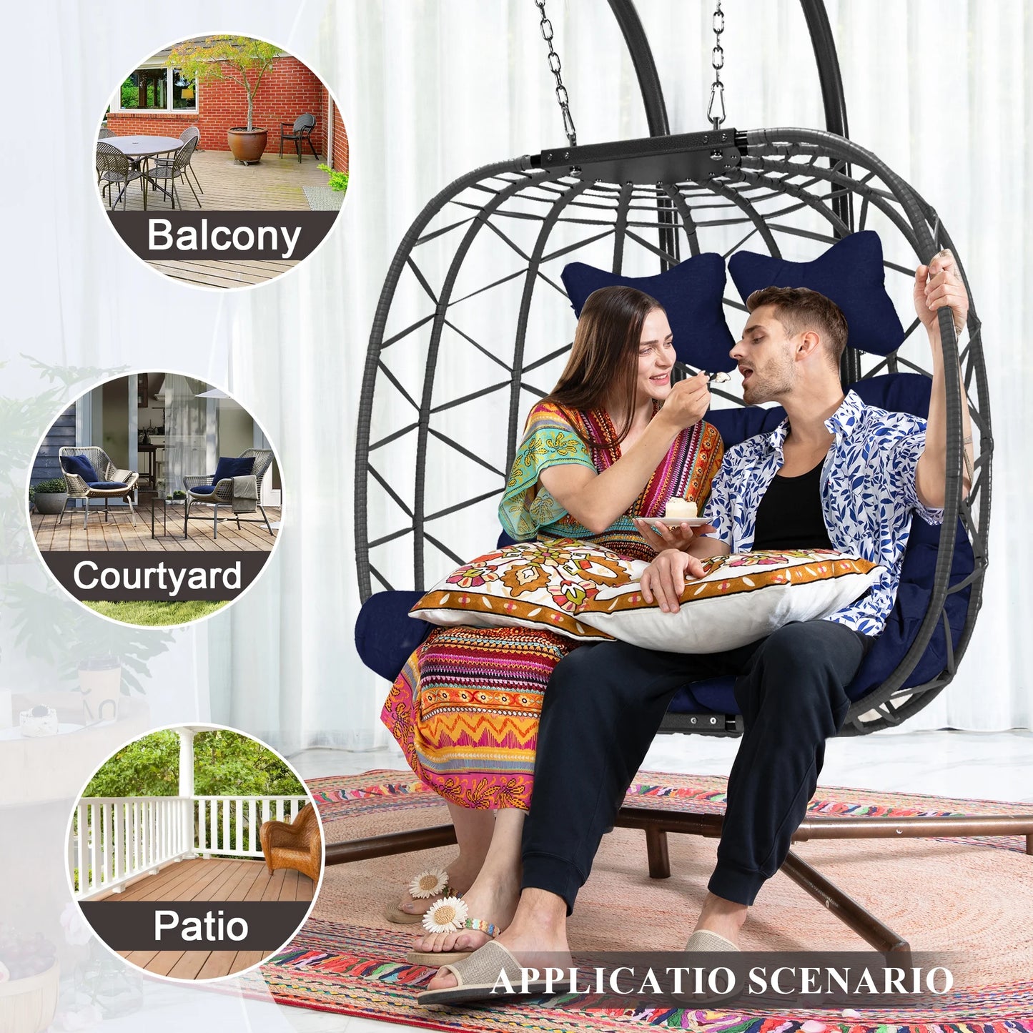 RADIATA Double Wicker Egg Swing Chair with Stand, 2-Person Hanging Egg Chair for Indoor/Outdoor, 700lbs Capacity, Thick Cushions & Headrest,Sturdy Metal Frame��Dark Gray