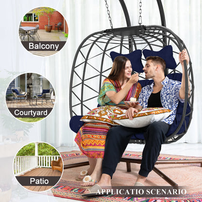 RADIATA Double Wicker Egg Swing Chair with Stand, 2-Person Hanging Egg Chair for Indoor/Outdoor, 700lbs Capacity, Thick Cushions & Headrest,Sturdy Metal Frame��Dark Gray