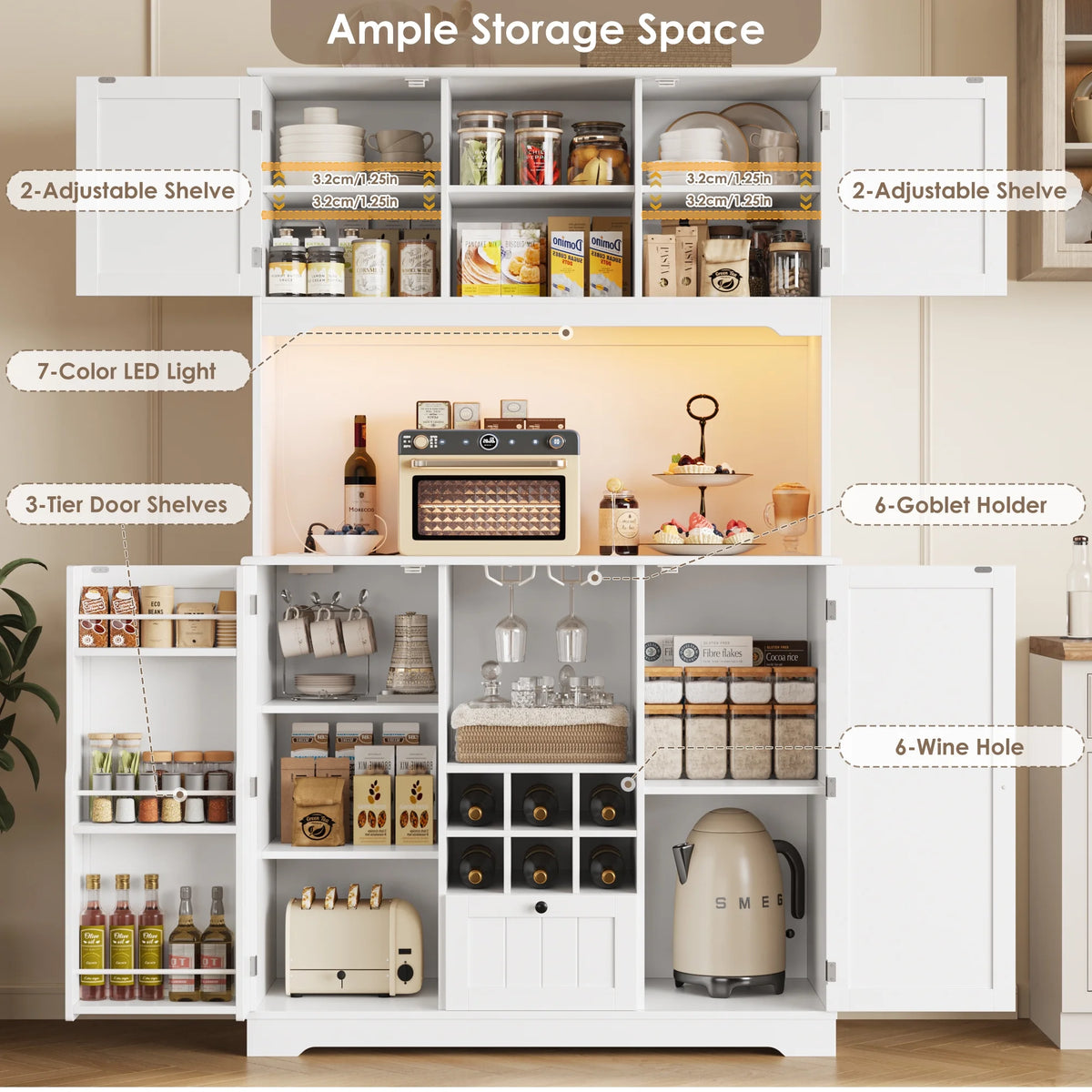 Homfa 71.3'' Kitchen Pantry Storage Cabinet with Charging Station, LED Light Kitchen Hutch Cabinet with Doors and Shelves and Wine Holder, White