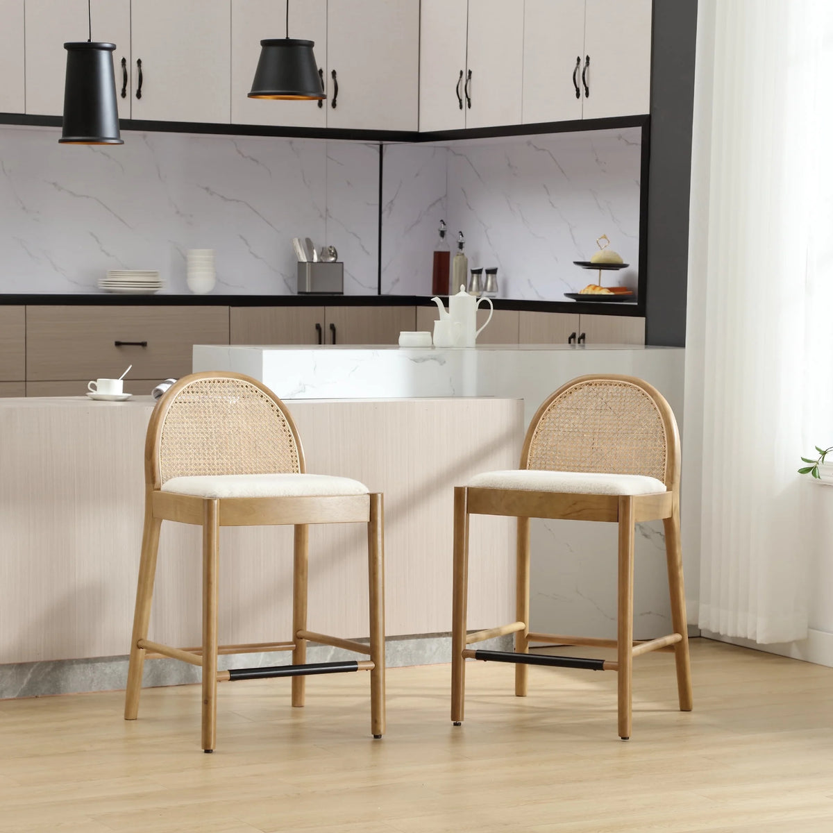 Guyou Modern Bar Stools Set of 2, 26" Counter Height Bar Stools with Natural Rattan Back and Solid Wood Frame, Sherpa Upholstered Kitchen Island Chairs for Bar Island Cafe Kitchen, Black