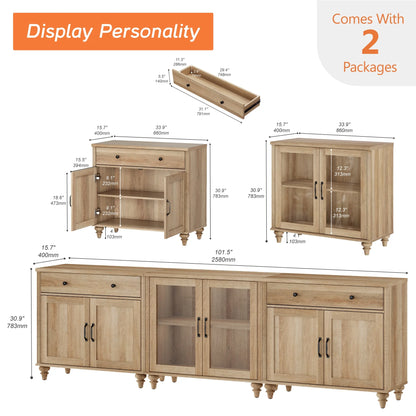 TV Stand for 100 Inch TV, 3-in-1 TV Console Table for 75/80/85/90 Inch TV, Farmhouse  Entertainment Center with Glass & Wooden Door, Kitchen Sideboard Buffet Cabinet for Dining Room, Oak