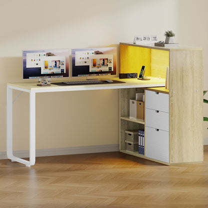 Dextrus L Shaped Desk with Power Outlets & LED Lights, Computer Desk with 3 Drawers and 3 Storage Shelves, White Office Desk Corner Desk for Home Office