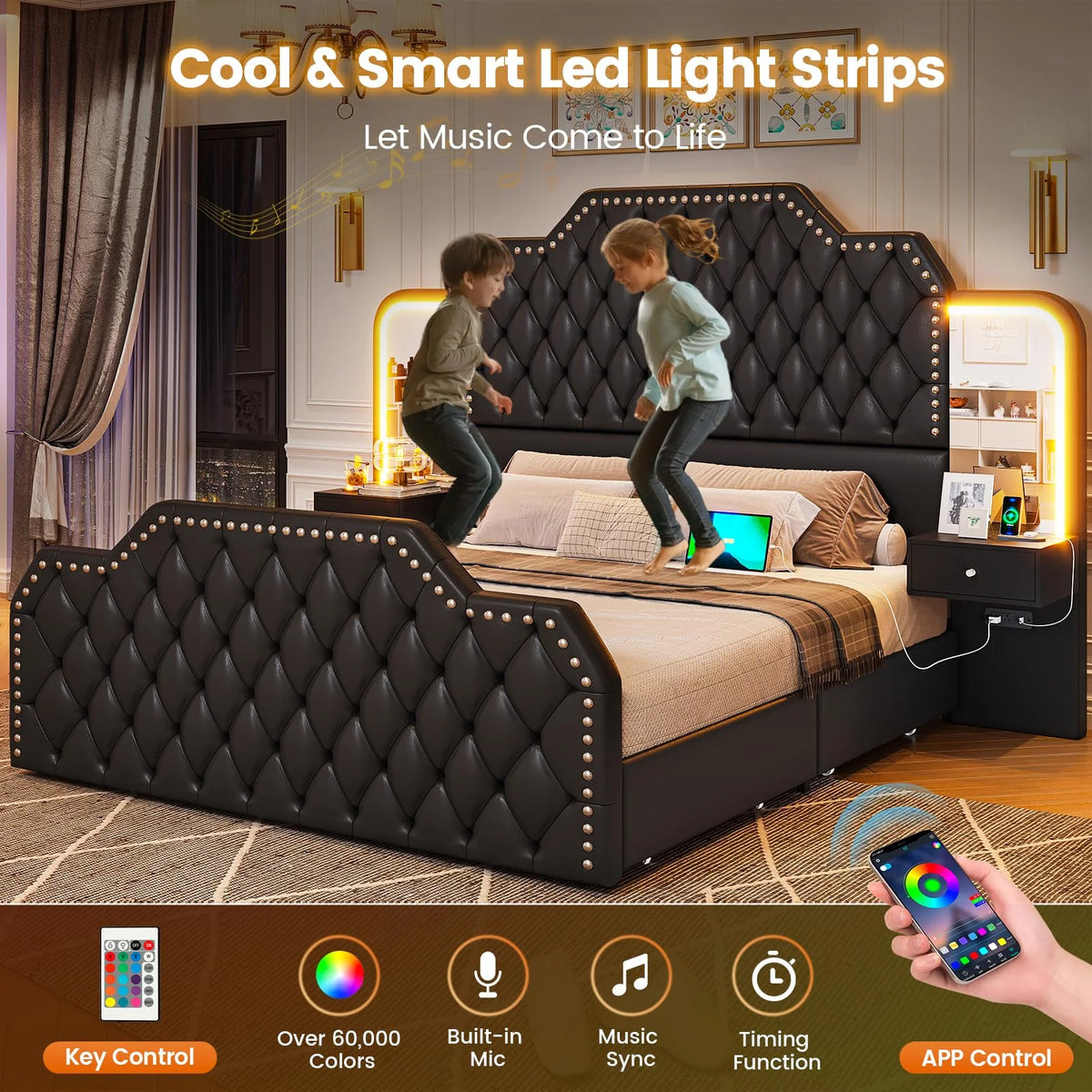 Queen Bed Frame with 2 Nighstands, Power Outlets and 4 Drawers, Upholstered Bed with Vanity Tables and Mirrors, Modern Velvet Tufted Platform Bed with Headboard & Footboard, Black