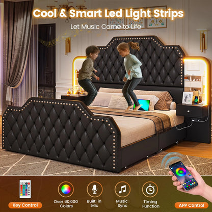 Queen Bed Frame with 2 Nighstands, Power Outlets and 4 Drawers, Upholstered Bed with Vanity Tables and Mirrors, Modern Velvet Tufted Platform Bed with Headboard & Footboard, Black