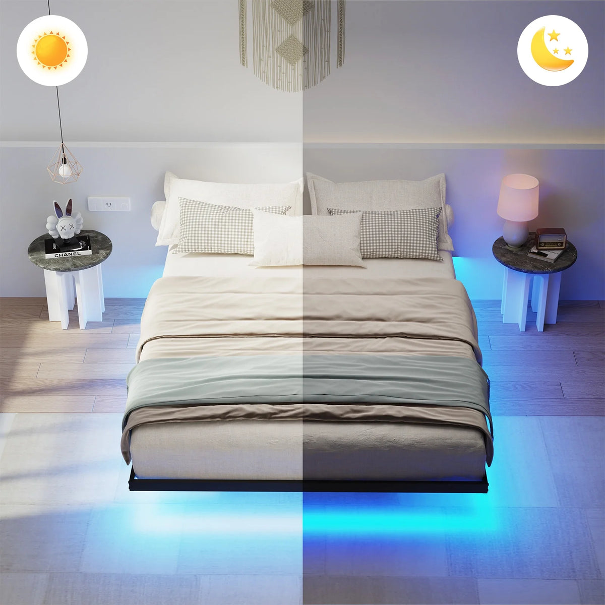 Lusimo Floating Bed Frame with LED Lights Queen Size Metal Platform Bed Frame with 6.1" Under Bed Storage Space No Box Spring Needed, Black