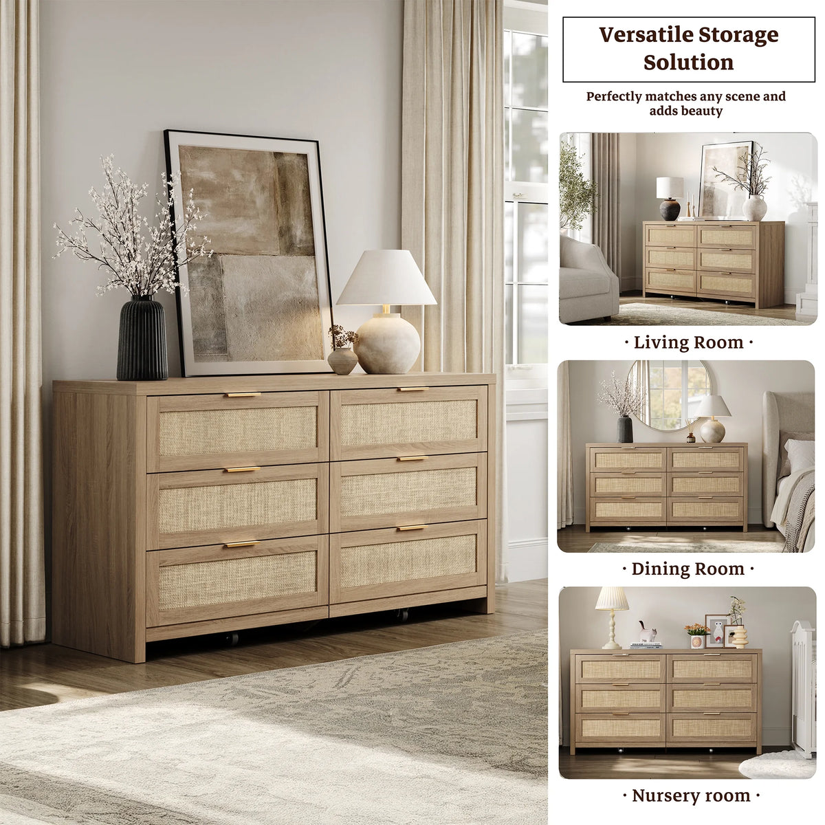 SICOTAS 56.85" 6 Drawer Dresser,Rattan Dresser with Storage,Boho Dressers & Chests of Drawers Wooden Tall  Dresser for Bedroom