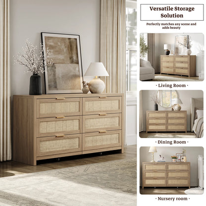SICOTAS 56.85" 6 Drawer Dresser,Rattan Dresser with Storage,Boho Dressers & Chests of Drawers Wooden Tall  Dresser for Bedroom